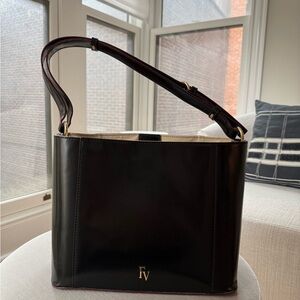Frances Valentine Black Leather Shoulder Bag with Gold Logo - NEW